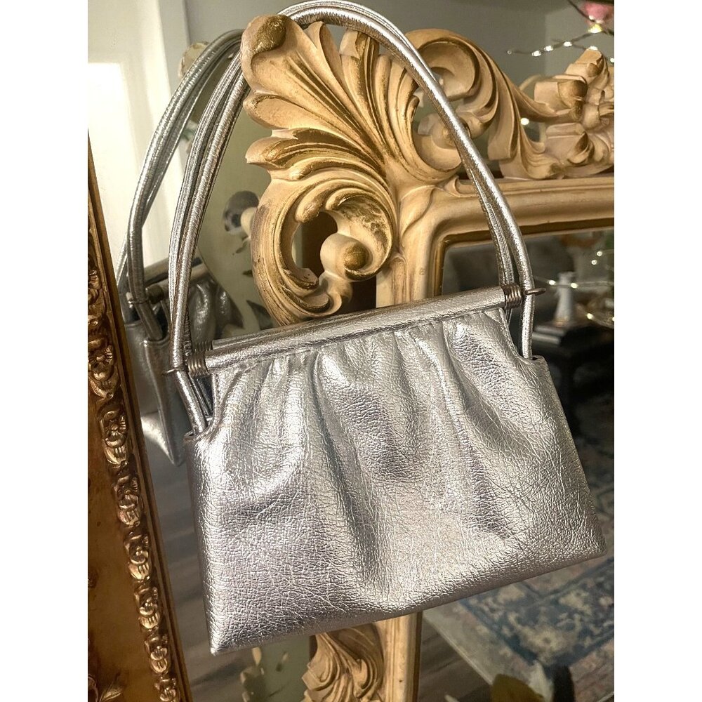 Vintage Silver Leather Handbag With Metal Frame & Double Handles